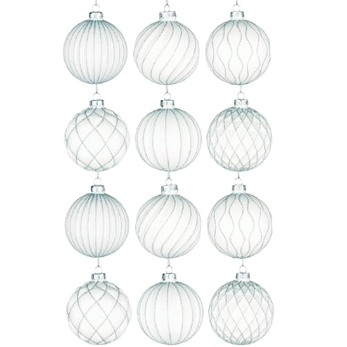 12Pcs/80mm Glass Baubles Christmas Tree Balls Spheres Hanging Ornaments Set Assorted Designs Xmas Tree Decorations, White Striped