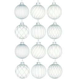 12Pcs/80mm Glass Baubles Christmas Tree Balls Spheres Hanging Ornaments Set Assorted Designs Xmas Tree Decorations, White Striped