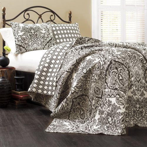Lush Decor Quilt Paisley Damask Print Pattern Reversible 3 Piece Lightweight Bedding Blanket Bedspread Set, Cotton, Black & White, King