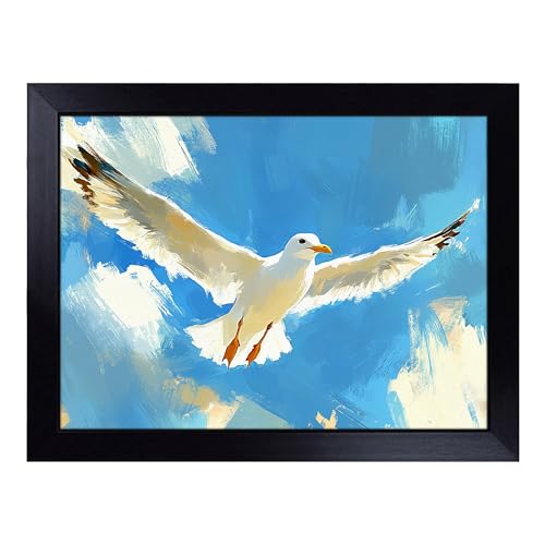 Lap Tray with Bean Bag Cushion, Seagull Bird Illustrated - Handmade in the UK, Raised Wooden Edge, Padded Cushion, Heat-Resistant Wipe-Clean Surface, for Meals, Laptops and Crafts