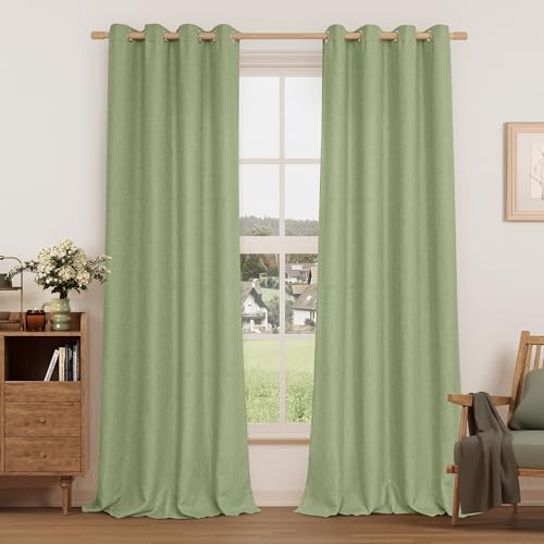 LAMIT Sage Green Linen Textured Curtains for Bedroom, Grommet Thermal Insulated Thick Natural Curtains Noise Reducing Window Treatment Drapes for Living Room/Kitchen, Set of 2 Panels, W52 x L90