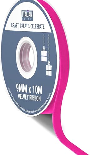 Italian Options Velvet Ribbon, Luxury, Single-Face Velvet Ribbon for Crafting, Christmas, Bows, Hair, Cakes, Weddings, Ornaments, Gift Wrapping, Flowers, 9mm x 10 Metre Roll, Hot Pink