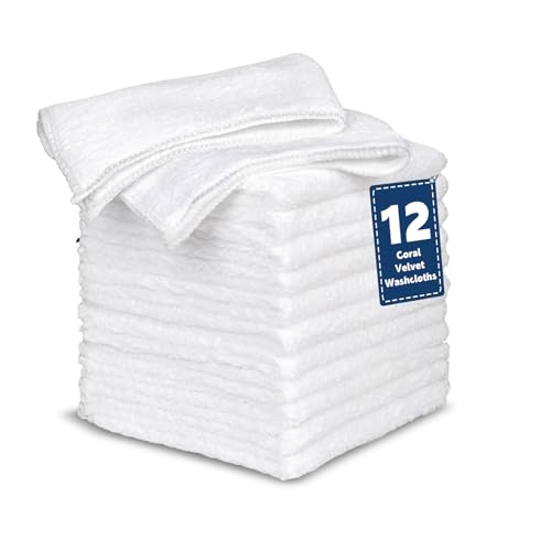 TEAWOO Coral Velvet Microfiber Washcloths 12 Pack, Highly Absorbent and Soft Face Towel, Multi-Purpose White Bath Towels for Bathroom, Hotel, Spa and Gym, 12 x 12 inches