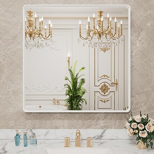 LOAAO 30x30 Inch White Metal Framed Bathroom Mirror for Wall, White Bathroom Vanity Mirror Farmhouse, Large Rounded Rectangle Mirror, Anti-Rust, Tempered Glass, Hangs Horizontally or Vertically