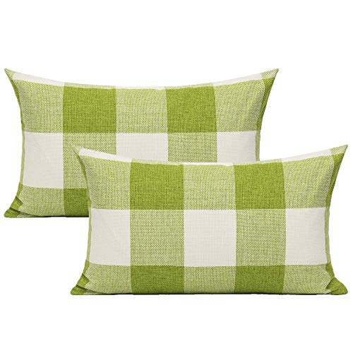VAKADO 12x20 Inch Buffalo Check Decorative Lumbar Cushion Covers Farmhouse Retro Checked Linen Rectangle Cushion Covers Home Decor for Couch Sofa Outdoor Set of 2, Grass Green and White