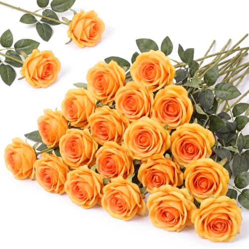 Hotop 20 Pcs Artificial Rose Flowers with Long Stem,Real Touch Silk Realistic Plastic Bouquet Roses Bulk for Home Decor Bridal Wedding Party Table Centerpieces Decorations(Orange)