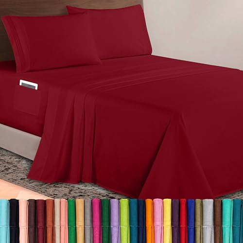 Elegant Comfort Luxurious 1500 Premium Hotel Quality Microfiber 4-Piece Sheet Set, 18-24 Inches Deep - Extra Deep Pocket Sheets - Ultra Soft 4PC Deep Pocket Sheets, Queen, Burgundy