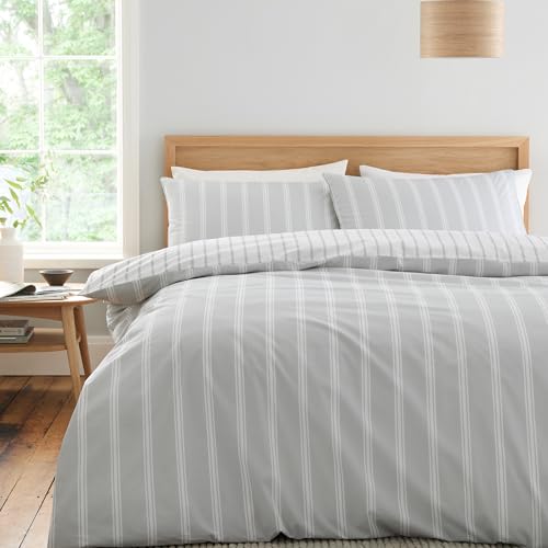 Bianca Ashford Stripe 200 Thread Count Cotton Percale Reversible Single Duvet Cover Set with Pillowcase Silver Grey