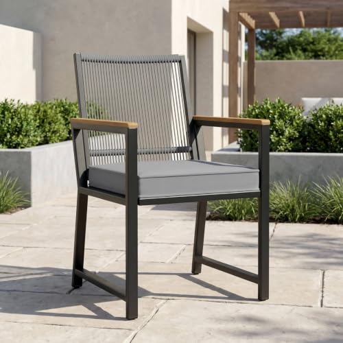 Clevich Rattan Garden Chair, Weatherproof Outdoor Chair with 7 cm Removable Cushion, PE Rattan Backrest, Rust-Proof Metal Frame & WPC Armrests, Dining Chair for Patio Balcony (Dark Grey)