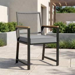 Clevich Rattan Garden Chair, Weatherproof Outdoor Chair with 7 cm Removable Cushion, PE Rattan Backrest, Rust-Proof Metal Frame & WPC Armrests, Dining Chair for Patio Balcony (Dark Grey)