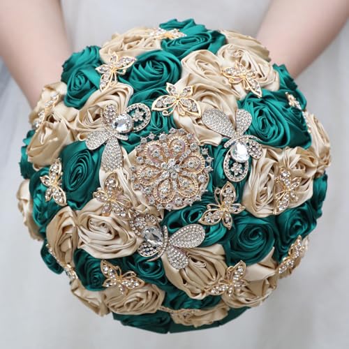 "Mhojpik Handmade Wedding Flowers Bouquet Round Holding Bridal Bouquet Toss Artificial Rose Bunch for Bride Bridesmaid Wedding Quinceanera (Dark Green & Camel Brown, 9.8"")"
