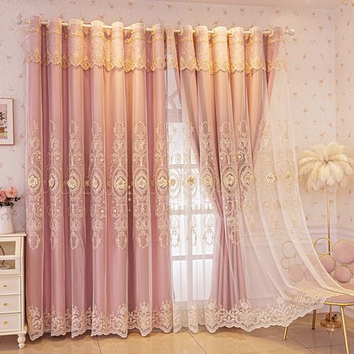 Amidoudou 1 Pair European Double Layer Curtains for Living Room Bedroom 3D Flower Embroidered Curtains with Valance (Pink,51x90 Inch)