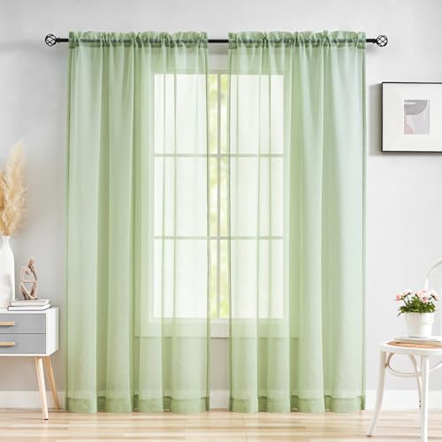 "MYSTIC-HOME Sage Green Sheer Curtains 84 Inches Long, Rod Pocket Sheer Drapes Bedroom, 2 Panels, Semi Crinkle Voile Window Treatments Parlor, Sage Green, 52"" Wx84 L"