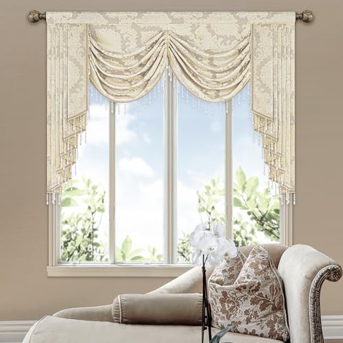 Loom and Mill Luxury Jacquard Waterfall Valance for Living Room, Elegant Damask Swag Window Valances with Beads, Beige Swag Curtains for Bedroom Banquet Holiday Decoration(W59Inch,1 Panel)