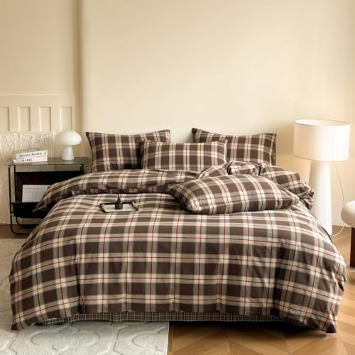 Mucalis Brown Green Red Gingham Buffalo Plaid Duvet Cover King 100% Washed Cotton Vintage Checkered Duvet Cover Set Retro 3 Piece Grid Bedding Set with Zipper Closure Corner Ties,Soft,Easy Care