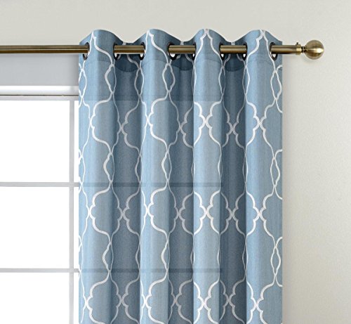 Miuco Moroccan Embroidered Semi Sheer Curtains Faux Linen Grommet Curtain Set for Bedroom 52 x 95 Inch, Dusty Blue