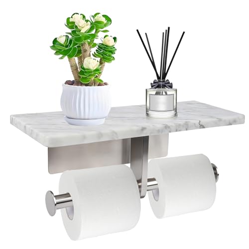 Toilet Paper Holder with Natural Marble Shelf for Bathroom Washroom,Wall Mounted Tissue Holder Suitable for Mega Roll (Brushed Nickel, Large 11.8 * 4.7)