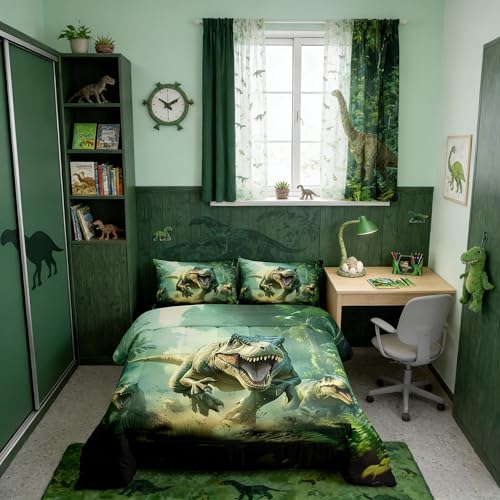 Erosebridal Kids Dinosaur Comforter Full Dino Bedding Set for Boys Teen,Cartoon Green Bed Set Dinosaur Room Decor,Soft Lightweight Quilt Duvet for All Season 2 Pcs