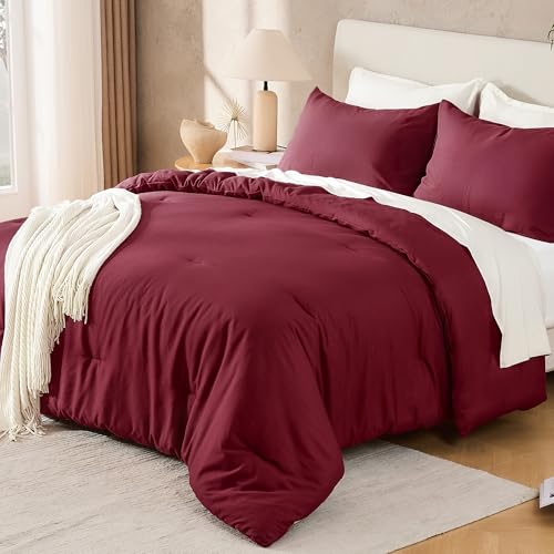 "Andency Burgundy Comforter Set Oversized King Solid Fluffy Bedding 3 Pieces - 3 Pieces Soft Solid Bedding Comforter Sets, Extra Large Bed Set, Reversible Warm Comforters for All Season 120""x98"""