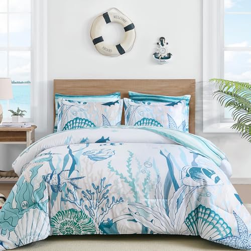 "WONGS BEDDING Coastal Queen Size Comforter,7 Pieces Beach Nautical Themed Bed in a Bag Bedding Set,Ocean Coral Seashell Pattern Soft Warm Comforters for All Season, 90""x90"""