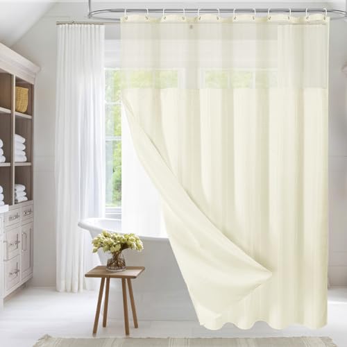 MitoVilla Ivory Shower Curtain with Snap-in Liner, Modern Weave Fabric Shower Curtain for Luxury Hotel & Spa Bathroom Decor, 72 x 72, Ivory/Beige