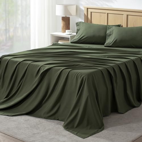 "Andency Full Sheets Set, Dark Olive Green Breathable & Cooling Sheets - Super Soft Polyester Sheets for Bed, Deep Pocket Up to 16"", Hotel Luxury Bed Sheet Set"