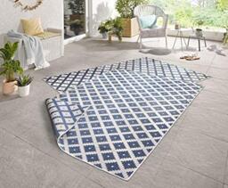 NORTHRUGS Nice Indoor and Outdoor Rug 80 x 150 cm Reversible Rug Weatherproof Modern Geometric Pattern Runner for Balcony Patio Garden Conservatory Living Room Waterproof in Blue Cream