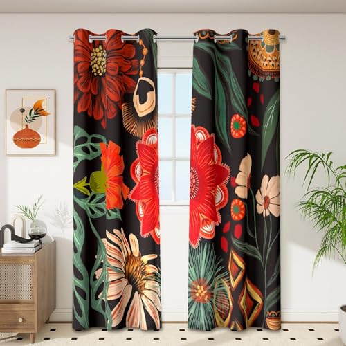 Tyrot Black Boho Floral 100% Blackout Curtains for Living Room 84 inch Long 2 Panels Mid Century Botanical Black Out Curtains for Bedroom Grommet Thermal Insulated Room Darkening Window Drapes,42Wx84L