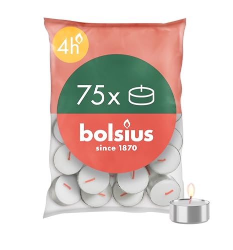 Bolsius Tea Lights – 75 Units – Burning Time: 4 Hours – Decorative Candles for Home – Contains Natural Vegetable Wax – Without Palm Oil