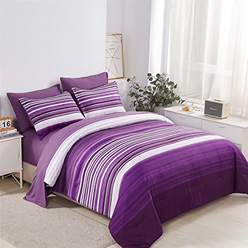 KAKIJUMN 7 Piece Bed in a Bag Stripe Comforter Set Queen Size, White and Purple Patchwork Striped Comforter and Sheet Set, All Season Soft Microfiber Complete Bedding Sets(Purple,Queen)