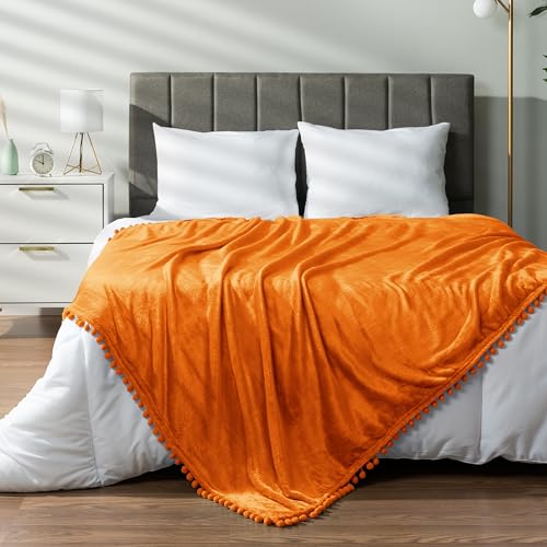 PAVILIA Fleece Throw Blanket for Couch with Pom Pom Fringe, Orange Fall, Soft Cozy Fuzzy Flannel Blanket for Sofa Bed, Large Lightweight Plush All Season Throw, 60x80 Inches