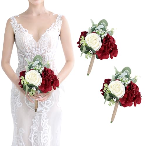 SEMONONIA Artificial Flowers Bridesmaid Bouquets - Set of 2 Bridesmaid Bouquet Burgundy White Handmade Silk Floral Bouquet for Wedding Ceremony Anniversary, Bridal Shower, Home Table Decorations
