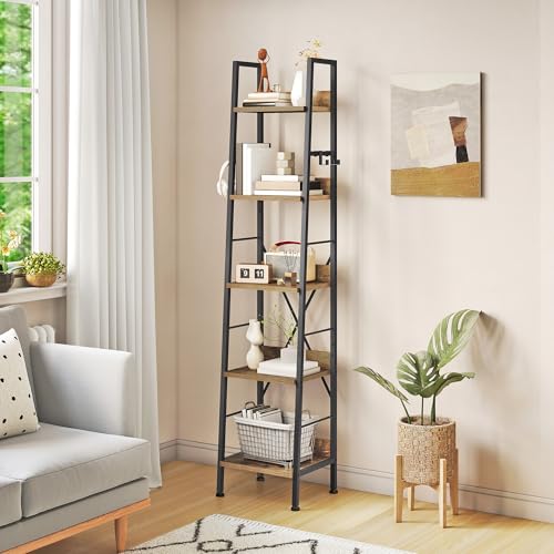 YITAHOME 5 Tiers Bookcase, Tall Narrow Bookcase Thin Book Shelf Wooden Shelves and Metal Frame Book Rack Modern Shelving Unit for Living Room, Hallway, Office, Rustic Brown Bookshelf