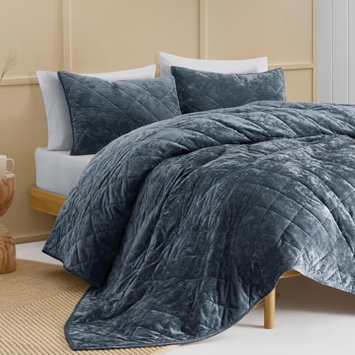 Wonderful Velvet Quilt Queen Bedding Set Blue, Lightweight Stitched Comforter with Shams, Luxury Diamond Bedspread Soft Coverlet with Brushed Back for All Season