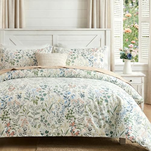 Cozaline Duvet Cover King Size 100% Cotton Comforter Cover Green Floral Breathable Duvet Cover with Zipper Closure & Corner Ties 3 Pcs Green Fragrant Grass Duvet Cover Set