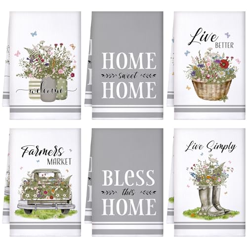 Boyiee Set of 6 Floral Kitchen Towels Wildflower Dish Towels 24 x 16 Inches Absorbent Microfiber Hand Towels Flower Lover Housewarming Gifts for Farmhouse Kitchen Bathroom Decorations
