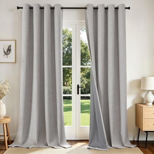 Joydeco Black Out Curtains 84 Inch Long for Bedroom, Blackout Curtains 84 Inch Length 2 Panels Set, Linen Textured Thermal Insulated Window Curtains(52x84 inch, Greyish White)