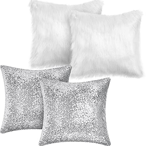 Irenare 4 Pcs Sequin and Fluffy Pillow Cases Winter Faux Fur Throw Pillow Covers Glitter Pillow Cases Soft Fuzzy Cushion Cover for Couch Bed Sofa Christmas Day (Silver, 18 x 18 Inch)