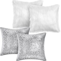 Irenare 4 Pcs Sequin and Fluffy Pillow Cases Winter Faux Fur Throw Pillow Covers Glitter Pillow Cases Soft Fuzzy Cushion Cover for Couch Bed Sofa Christmas Day (Silver, 18 x 18 Inch)