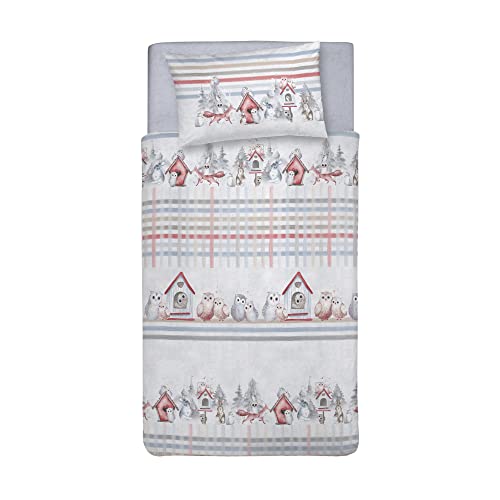 PENSIERI DELICATI Single Duvet Cover Set 100% Cotton, Complete with Bag 155 x 200 cm and 1 Pillowcase 52 x 82 cm, Made in Italy, Duvet Cover Washable In Machine At 40 °, Red Owl Pattern