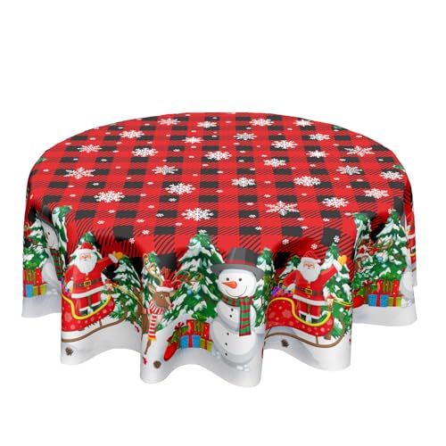 ABSOP Christmas Round Tablecloth 70 Inch Xmas Snowman and Snowflake Pattern Circle Table Cloth Red Plaid Table Cover Winter Washable Polyester Decor for Home Kitchen Dinning Party