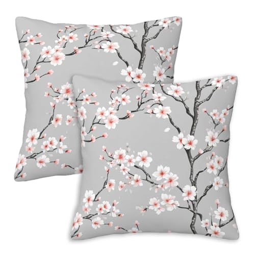 Firmiso Cherry Blossom Throw Pillow Covers 18x18 Set of 2 - Minimal Floral Decorative Cushion Covers for Sofa Couch Bed - Elegant Spring Home Decor Pillow Cases - Gray White Pink Accent