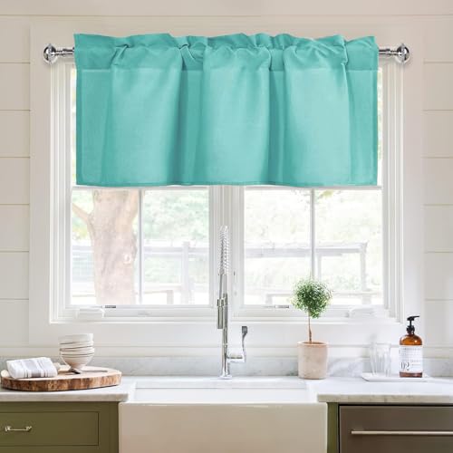 XWZO Kitchen Valances Curtains for Windows Living Room Bedroom Bathroom Toppers Farmhouse Style Rustic Dinning Room Blackout Thermal Insulated Rod Pocket, W42 x L12 Inch Length, Turquoise, 1 Panel.