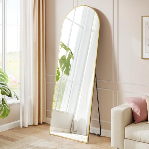 SONGMICS Full Length Mirror, 150 x 40 cm, Arched Full Body Mirror with Stand, Aluminium Alloy Frame Floor Mirror, Tempered Glass, for Bedroom, Living Room, Cloakroom, Pale Gold LFM035AB01