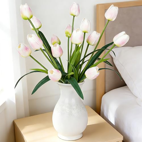 "Homsunny 18.9 ""Large Pink and White Imitation Tulip Artificial Flowers, 15-Piece Pack. Perfect for spring weddings, Valentine's Day, Easter, Mother's Day, and elegant home and table vase arrangements."