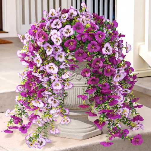 Artificial Flowers for Outdoors, 4 Pcs Fake Hanging Plants UV Resistant - Faux Silk Pansy, Front Door Porch Planter, Patio Yard Garden Balcony, No Fade, Spring Summer Decor, Gradient Purple Red