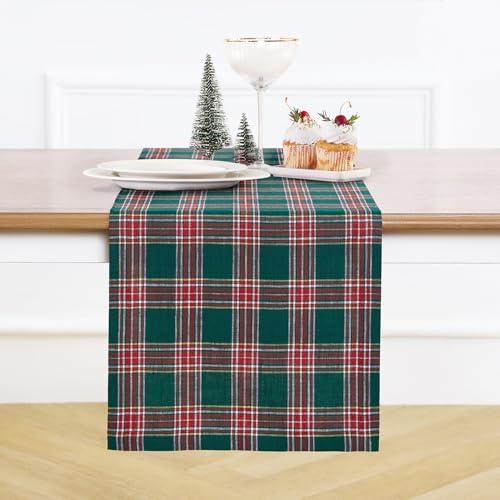 Solino Home Christmas Table Runner 72 Inches Long - 100% Pure Linen Green Tartan Plaid Table Runner 14 x 72 Inch for Dining, Xmas