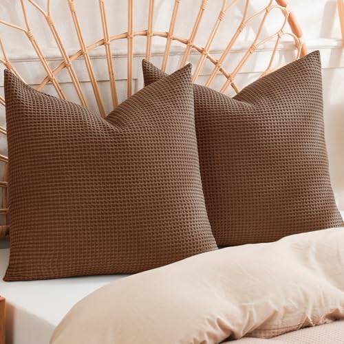 "PHF 100% Cotton Waffle Weave Throw Pillow Cover, 24"" x 24"", No Insert, 2 Pack Elegant Home Decorative Square Throw Pillow Covers for Bed Couch Sofa, Cappuccino"
