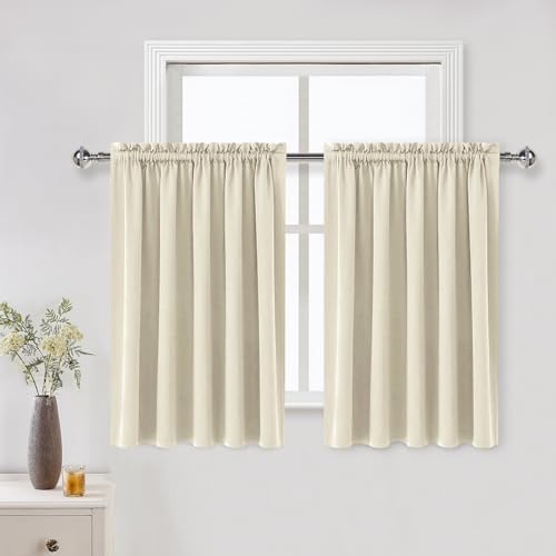 DWCN Thermal Short Blackout Curtains for Bedroom/Kitchen, Energy Saving Room Darkening Curtains for Nursery/Bedroom/Kitchen(W60 x L36inch, Light Beige, Set of 2 Panels, Top of Rod Pocket)