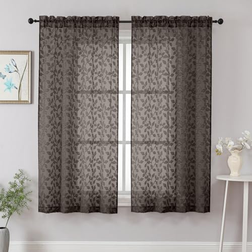 "Chyhomenyc Chocolate Sheer Curtains 63 Inch Length 2 Panels Set, Light Filtering Tufted Textured Soft Airy Rod Pocket Beautiful Leaf Window Treatment Drapes for Bedroom Living Room, 42"" Wx63 L, 2PCS"